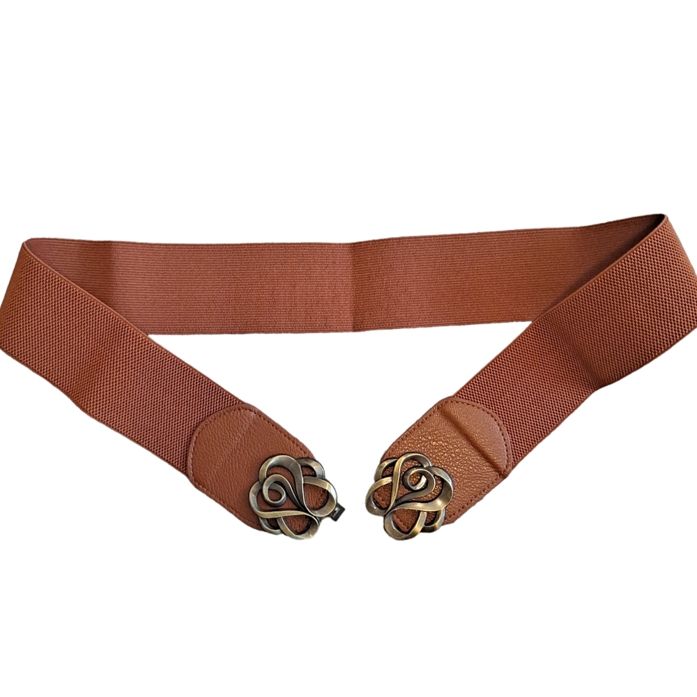 Brown antique gold ornate buckle corset boho elastic wide waist dress belt - Picture 8 of 8